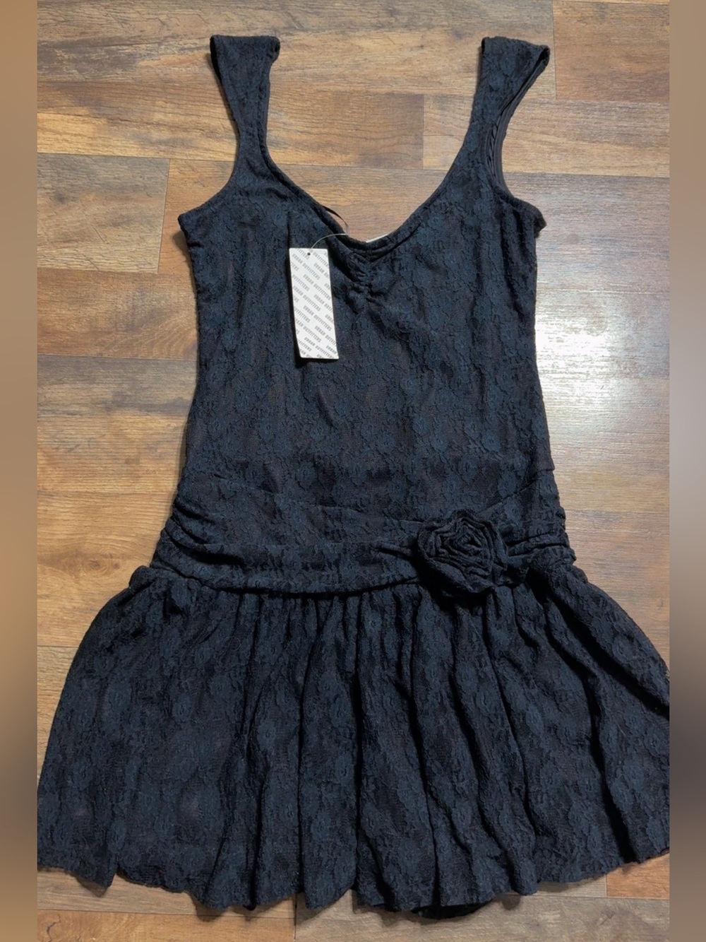 Black Lace Drop Waist Mini Dress Floral Rosette Accent Sleeveless Cottage Core